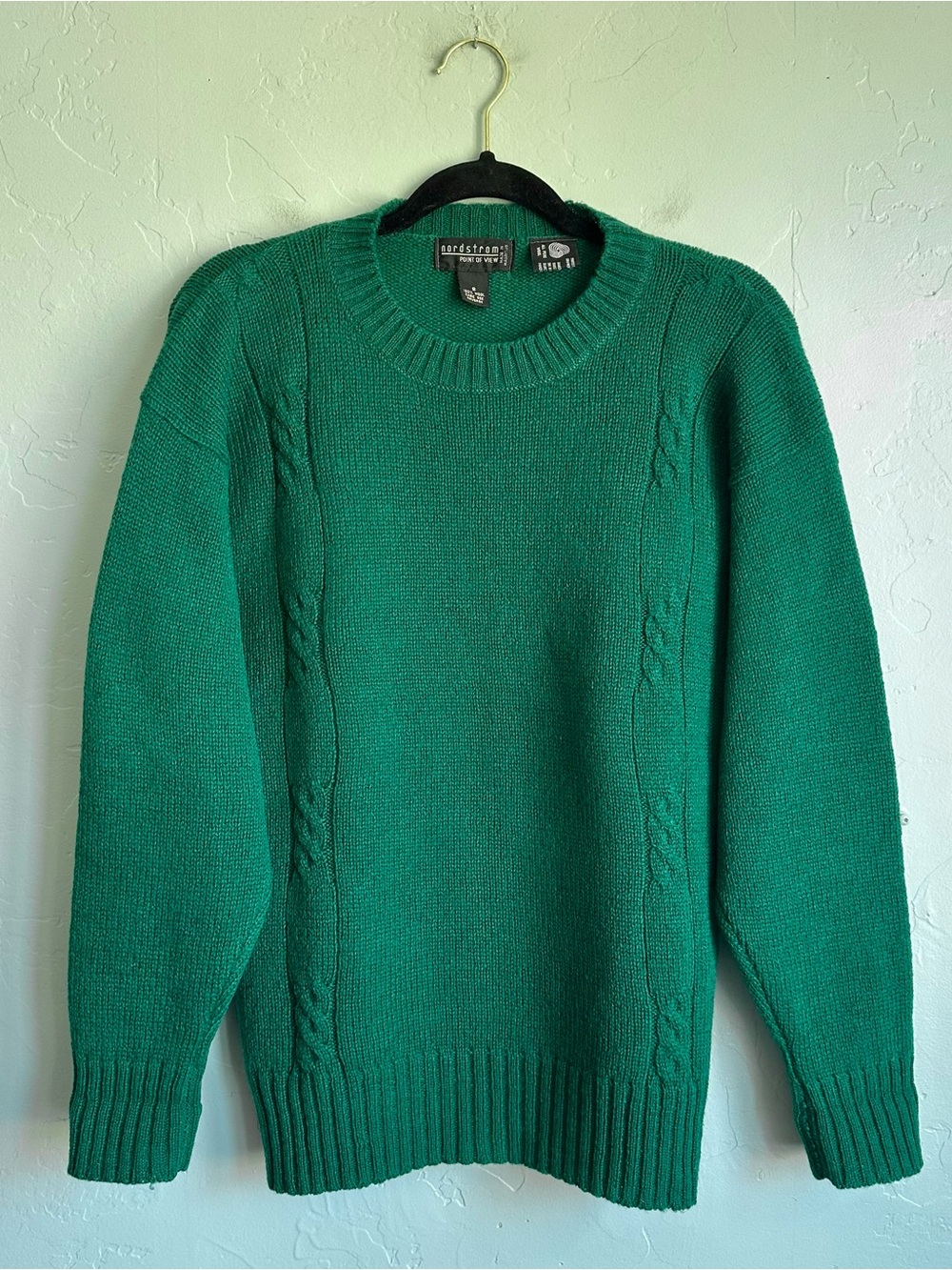 Vintage Nordstrom Pure Wool Green Cable-Knit Sweater Small Classic Preppy